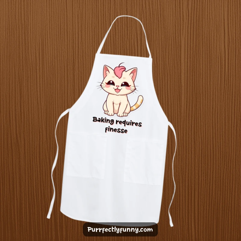 Funny cat apron showcasing a silly grinning cat with a dynamic fanned tail, designed for kitchen fun and laughter.