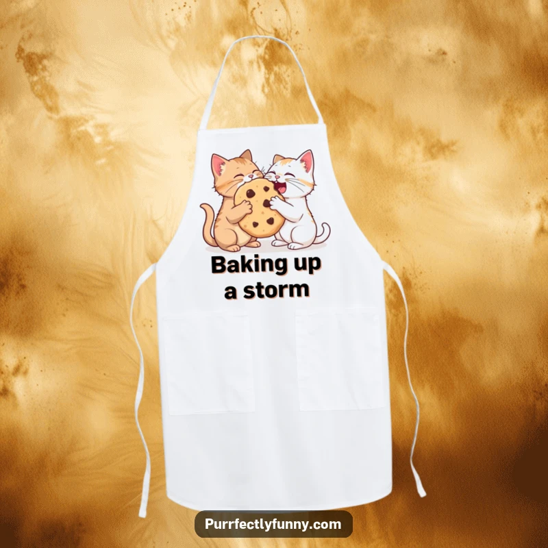 Funny apron design featuring two cats eagerly sharing a comically large cookie, practical and humorous for the kitchen.