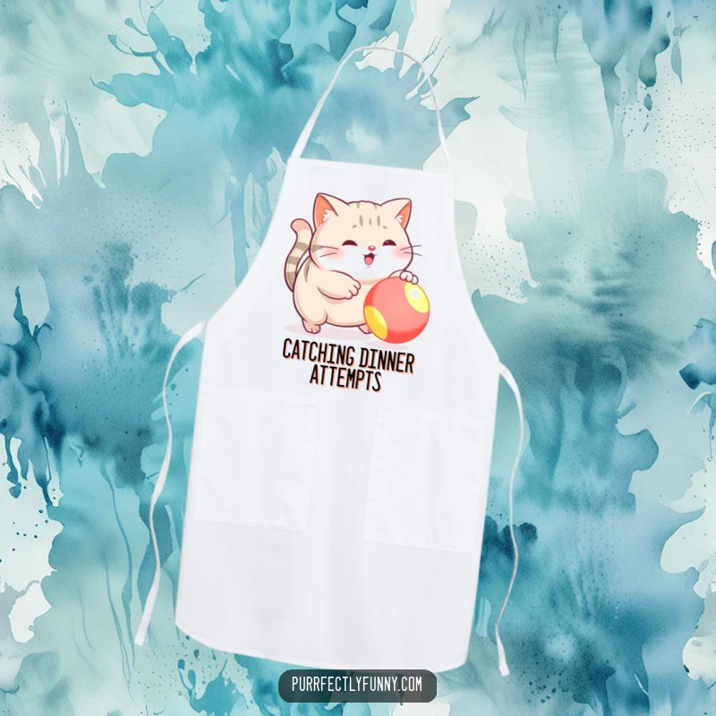 Funny apron showing a plump cat in a determined, funny stance, aiming for a bouncy ball, ideal for kitchen use.