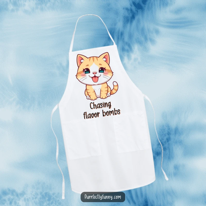 Durable apron showcasing a humorous illustration of a cat playfully pouncing with its tongue sticking out, ready for kitchen adventures.