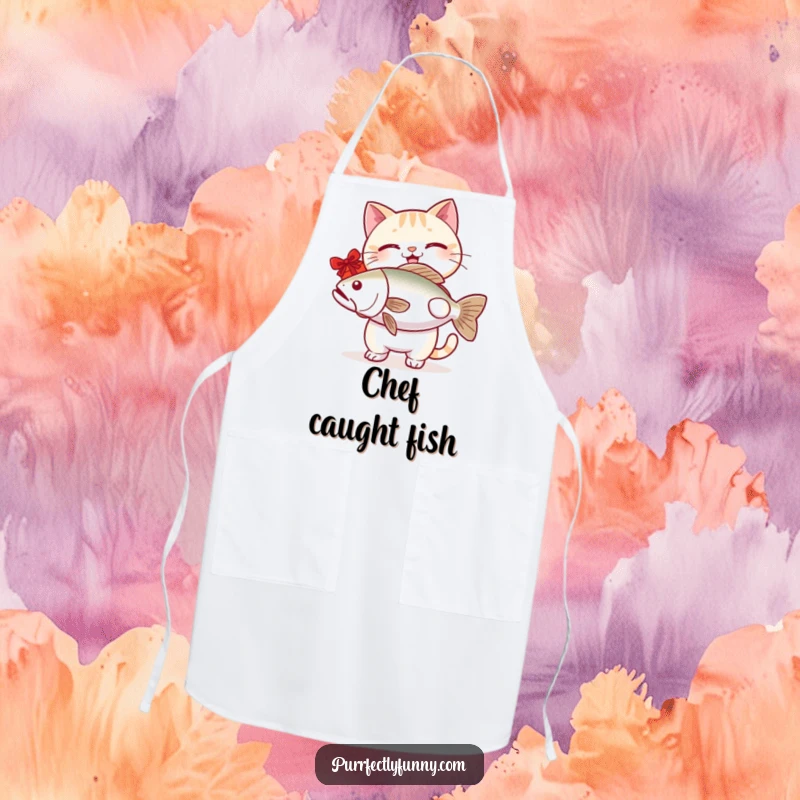 Funny cat apron featuring a smiling cat presenting a huge fish, perfect for adding humor to cooking or grilling.
