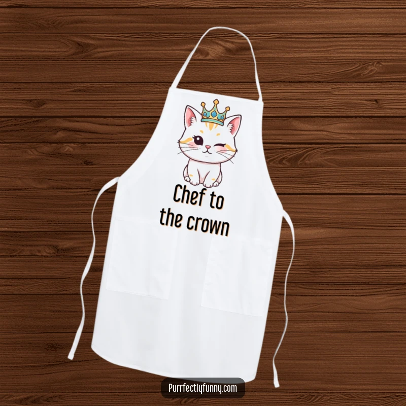 Funny Cat Apron: A humorous apron designed for chefs, showing a crowned cat tipping its crown with a playful wink.