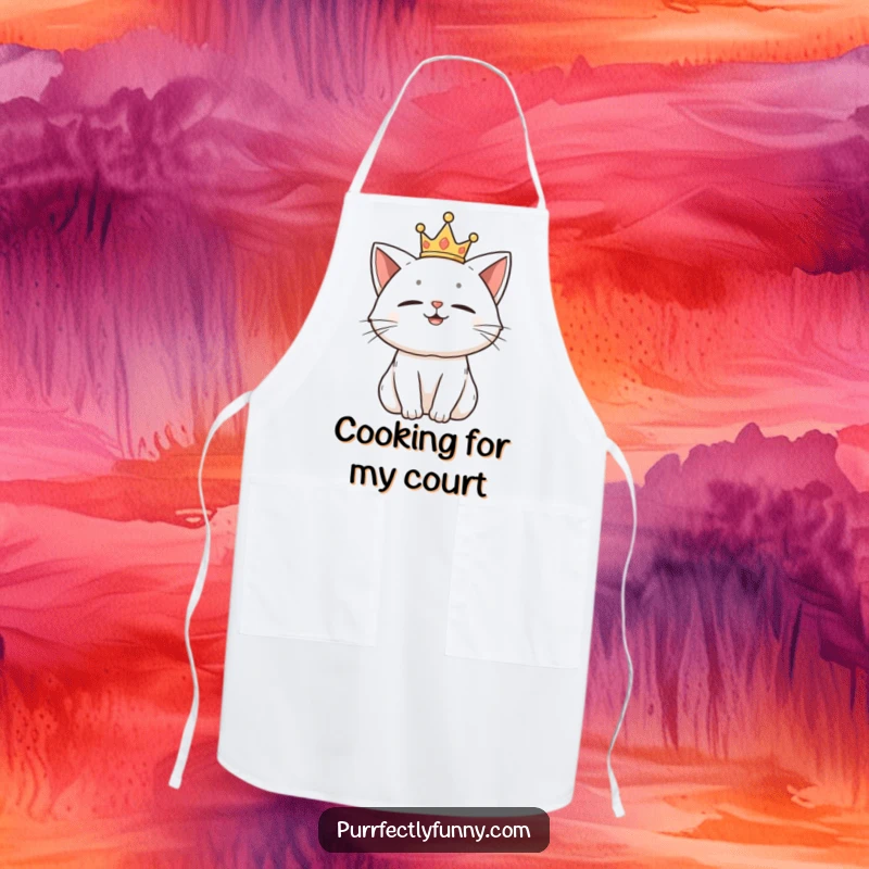Funny apron featuring a proud cat wearing a small crown, ready to cook with amusement.