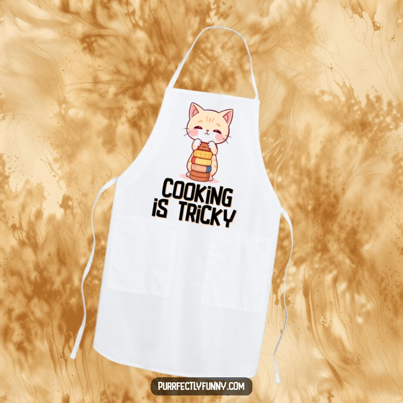 Funny apron showing a cat character hilariously attempting to balance a stack of kitchen items.