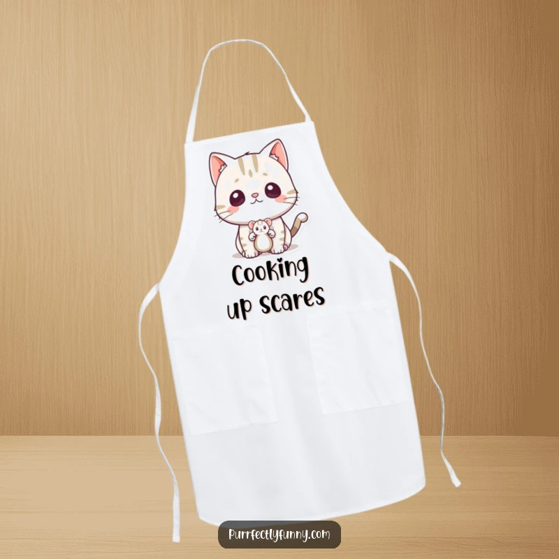 Funny surprised cat apron, showing a cat's wide-eyed shock as a toy mouse emerges, perfect for a humorous cook.