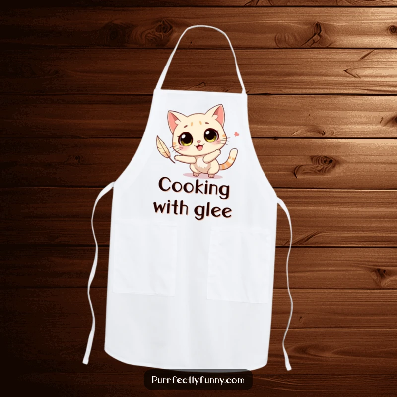 Funny cat with big, round eyes joyfully chasing a floating feather, featured on a durable apron.