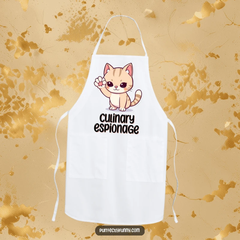 Funny cat apron, a cartoon cat in a chef hat, dramatically sneaking with one paw raised, ready to surprise in the kitchen.