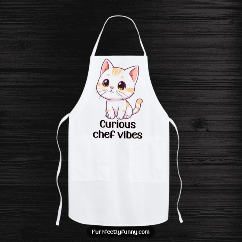 Funny curious cat apron, showing a cat tilting its head with twitching whiskers, investigating the kitchen with curiosity.