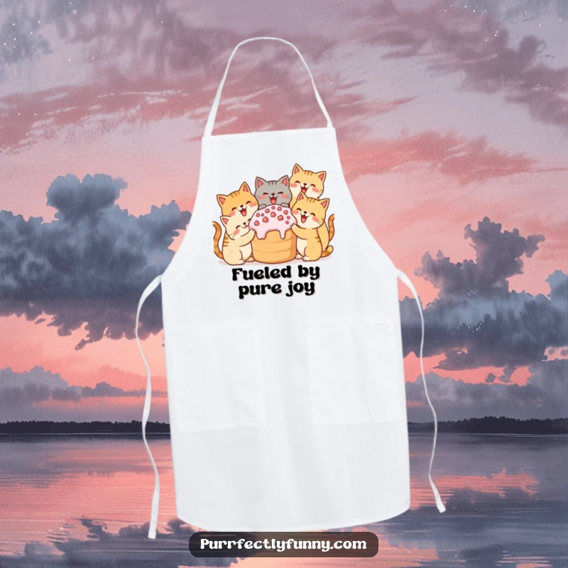 Funny apron featuring cats sharing a giant treat, perfect for culinary fun and kitchen protection.
