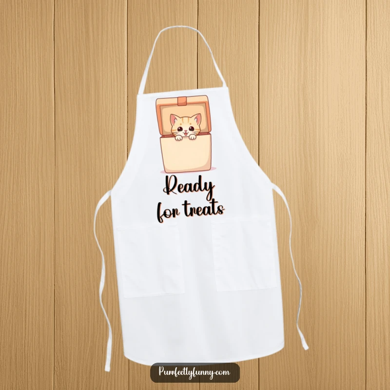 Funny Apron shows an excited cat emerging from a giant gift box, perfect for adding humor to kitchen activities.