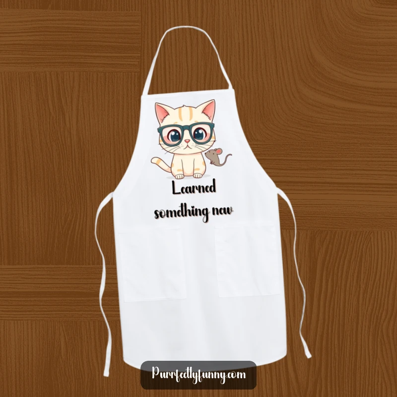 Funny Apron shows a cat in large glasses looking surprised at a floating toy mouse, adding humor to kitchen duties.