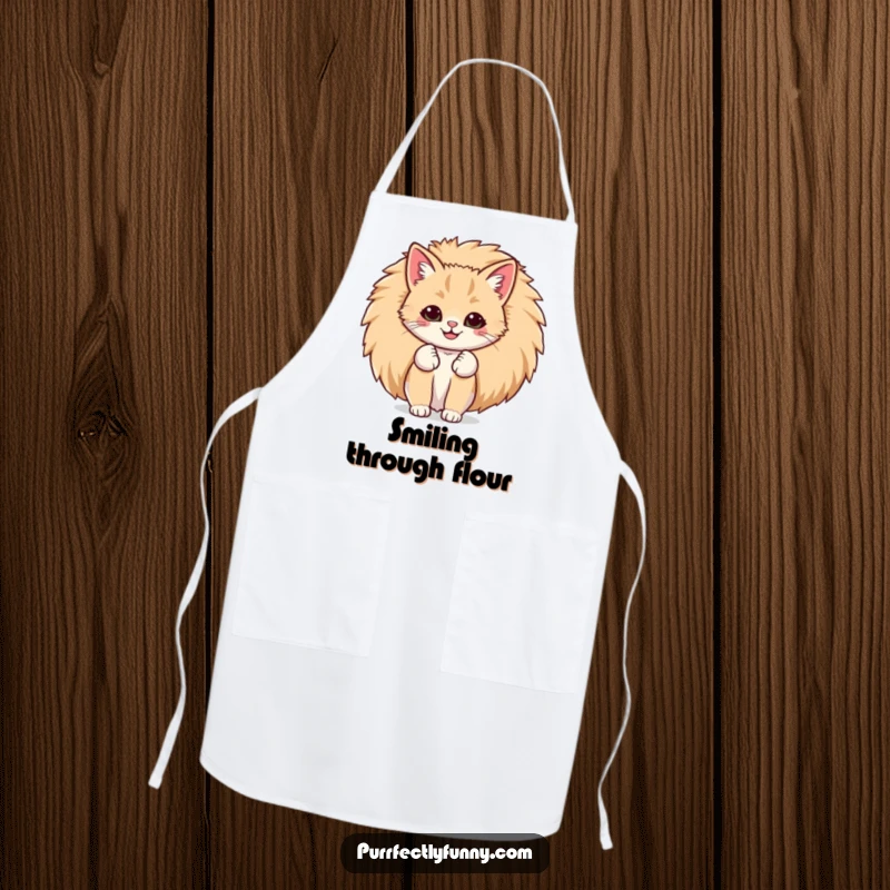 Funny apron showcasing a cat with a comically large smile peeking from behind its giant, fluffy tail, making cooking fun.