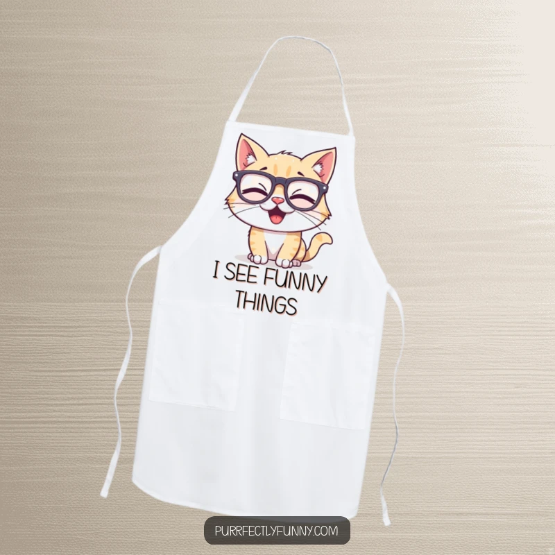 Funny apron showcasing a cheerful cat character with comically large, silly glasses, giggling while ready to cook up a storm, perfect kitchen humor.