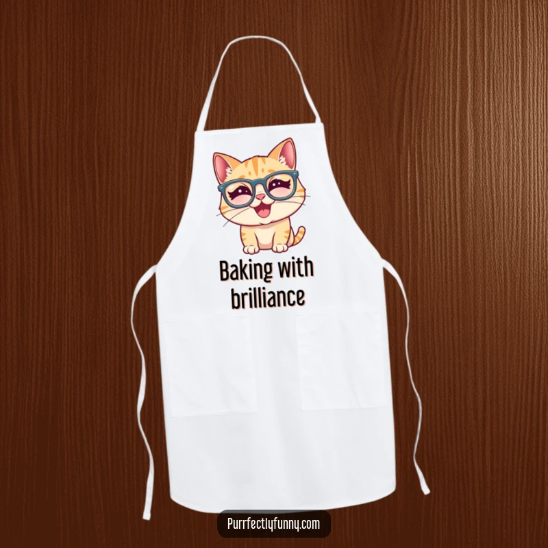 Funny cat wearing silly, oversized glasses and giggling heartily, printed on a durable apron for kitchen fun.