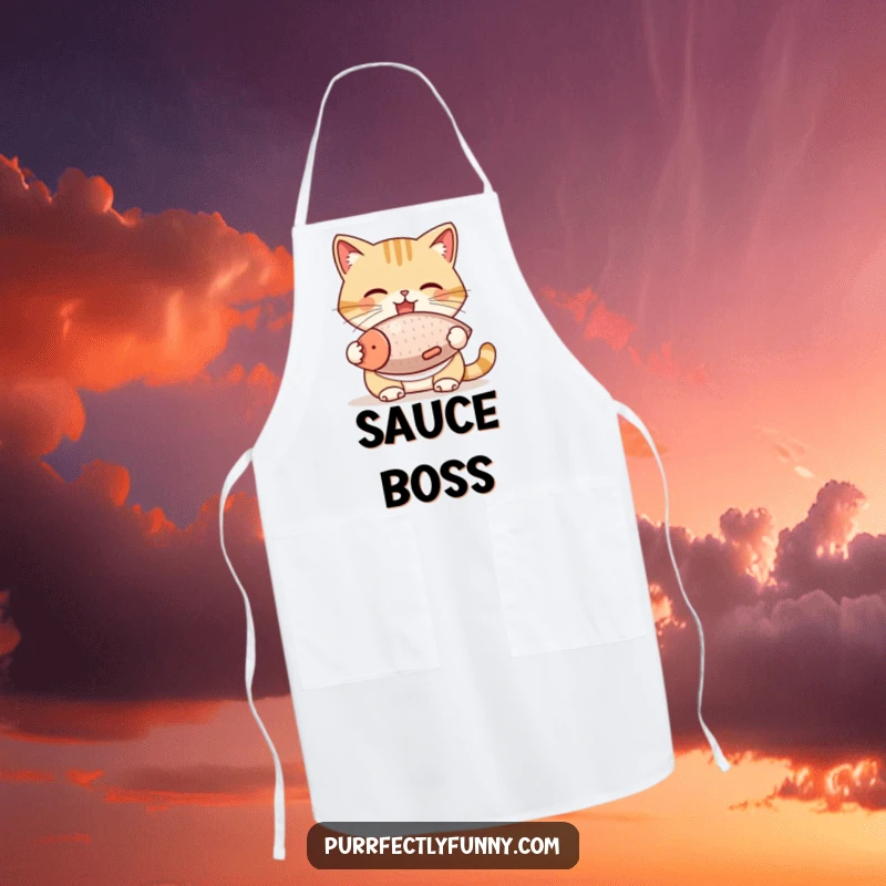 Funny Cat Apron: A cat in a bib joyfully consumes a massive fish treat, a humorous and practical kitchen accessory for pet lovers.
