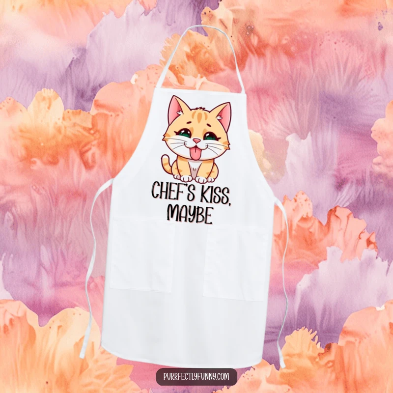 Funny cat character with a cheeky expression and tongue out, on a functional and humorous kitchen apron.