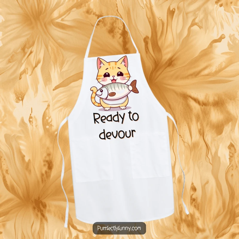 Funny cat apron, a cartoon cat wearing a bib, looking ecstatic about a huge fish treat, ready to dive in, perfect for cooking.