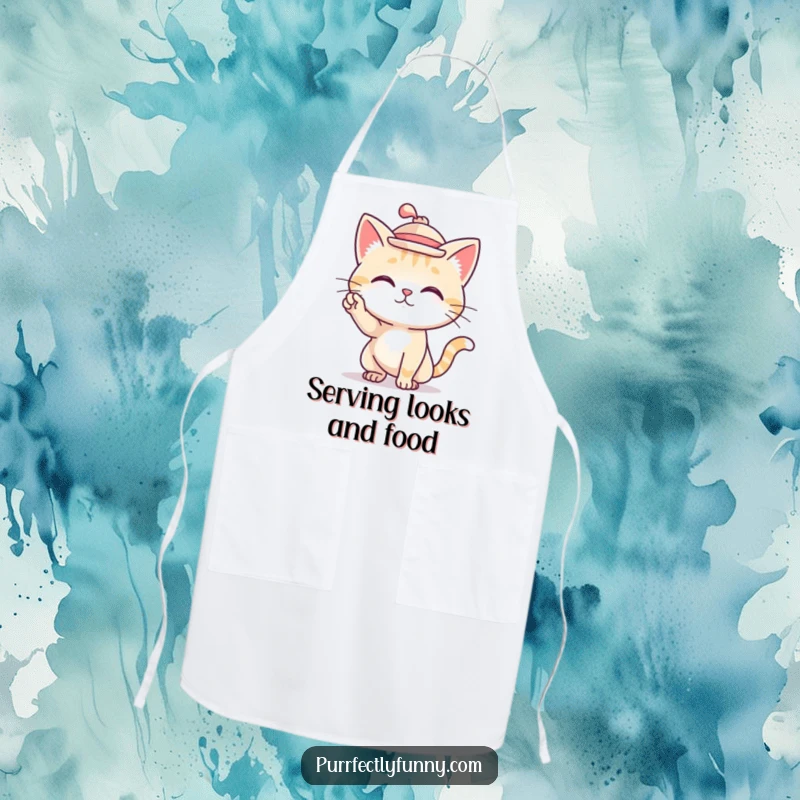 Funny apron showing a cat wearing a tiny hat and striking a pose while cooking.