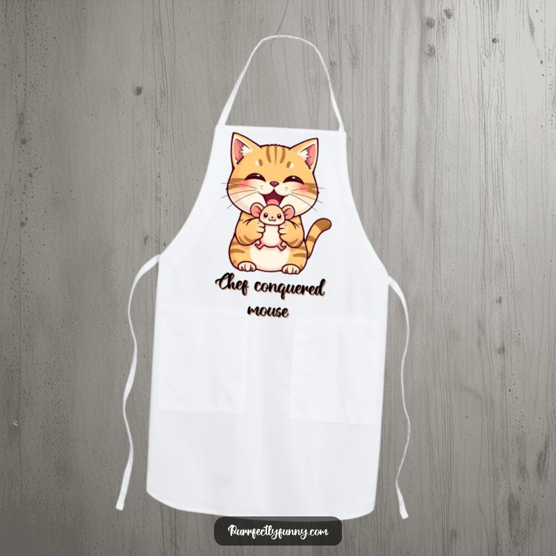 Funny apron with a triumphant cat holding a small toy mouse, humorous for kitchen use.