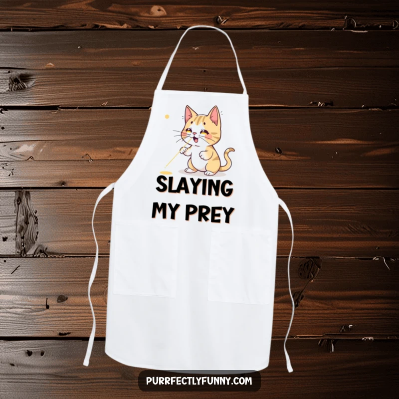 Funny cat apron, a cartoon cat in a chef's hat comically trying to catch a red laser dot on the kitchen floor, full of action.