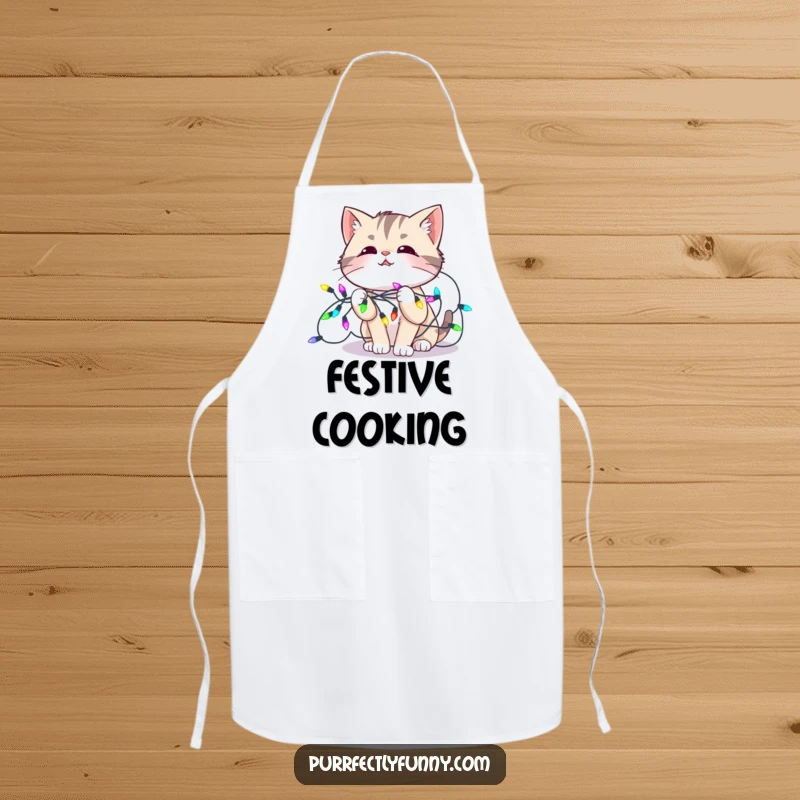 Funny apron depicting a cat tangled in colorful holiday lights, looking amused, perfect for kitchen protection and festive humor.