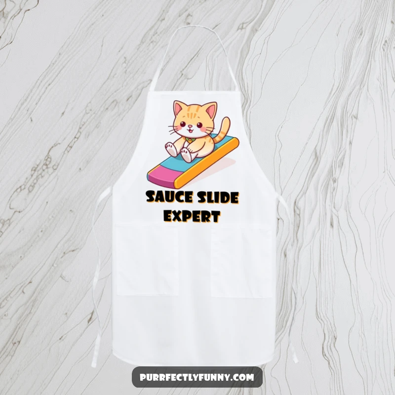 Durable apron showcasing a humorous illustration of a cat gleefully sliding down a colorful ramp during kitchen tasks.
