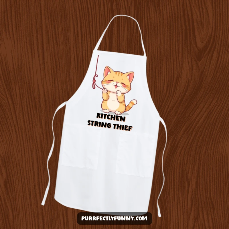 Funny apron featuring a cat playfully batting at a dangling string, humorous for kitchen use.