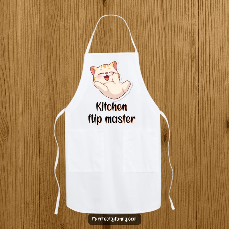 Funny apron featuring a cat tumbling head over heels with pure delight, humorous for kitchen use.