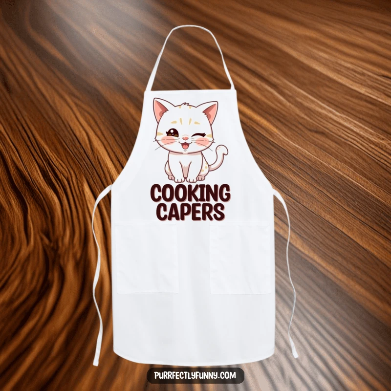 Funny apron featuring a playful cat giving a wink and a wiggly tail, perfect for adding a humorous touch to cooking.