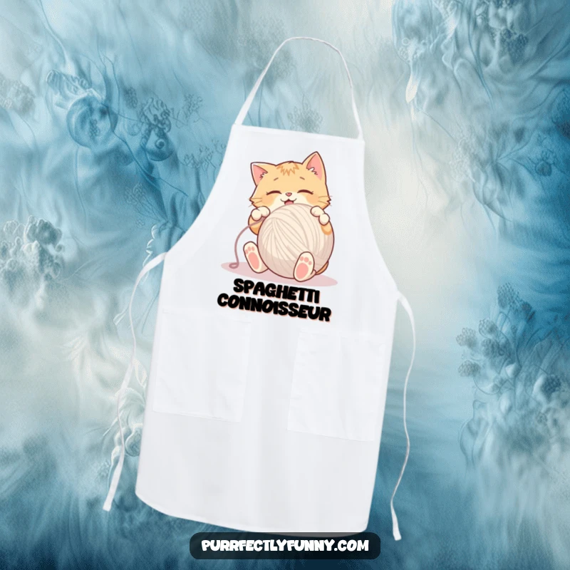 Funny Apron featuring a cat enthusiastically playing with a large ball of yarn, ready for kitchen chaos.