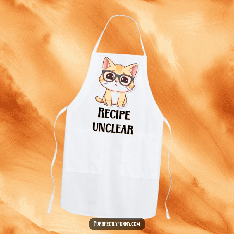 Funny cat wearing oversized glasses, looking comically confused, on a kitchen apron.