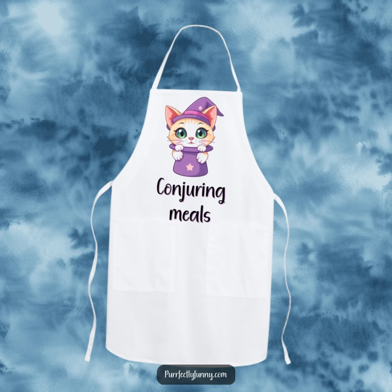 Funny apron depicting a cat with wide, curious eyes peering into a magic hat, perfect for kitchen protection and whimsical flair.