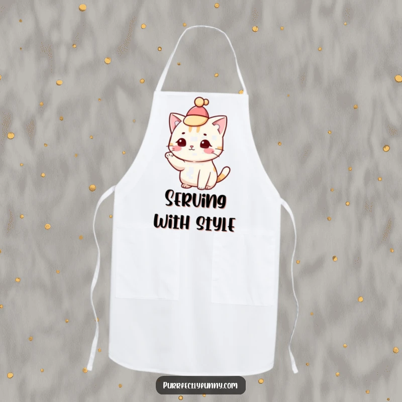 Funny cat wearing a hat and tipping it with a paw, on a kitchen apron, for sophisticated cooks.