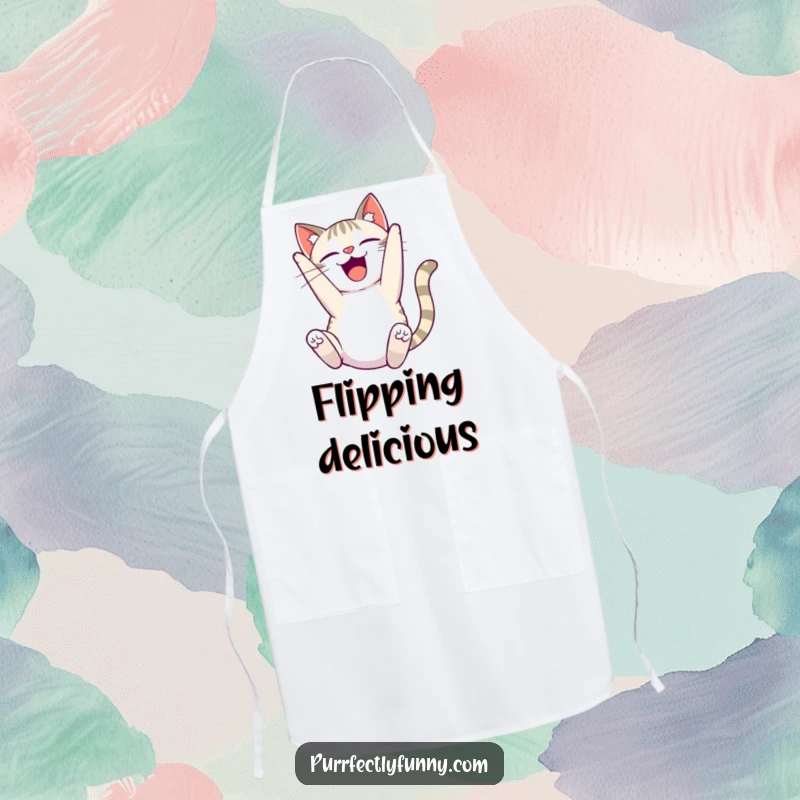 Funny delighted cat apron, showing a cat performing a comical somersault with pure joy, perfect for a fun cook.