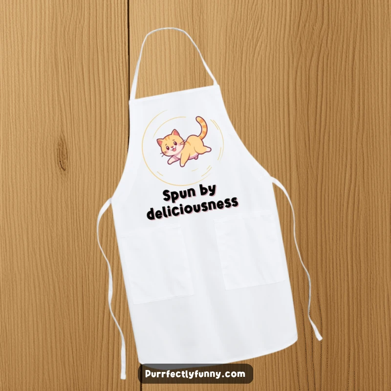 Funny Cat Apron: A humorous cooking apron featuring a cat spinning in a dizzy spiral while chasing its tail.