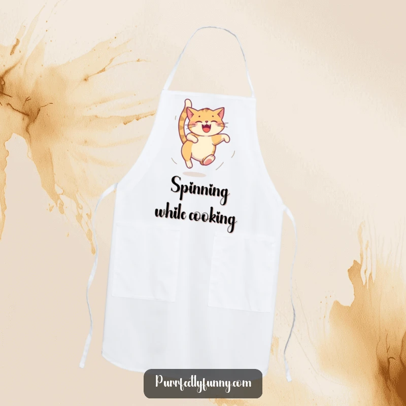 Funny cat apron, cat chasing its tail in a dizzy loop, humorous kitchen wear, a great funny gift.