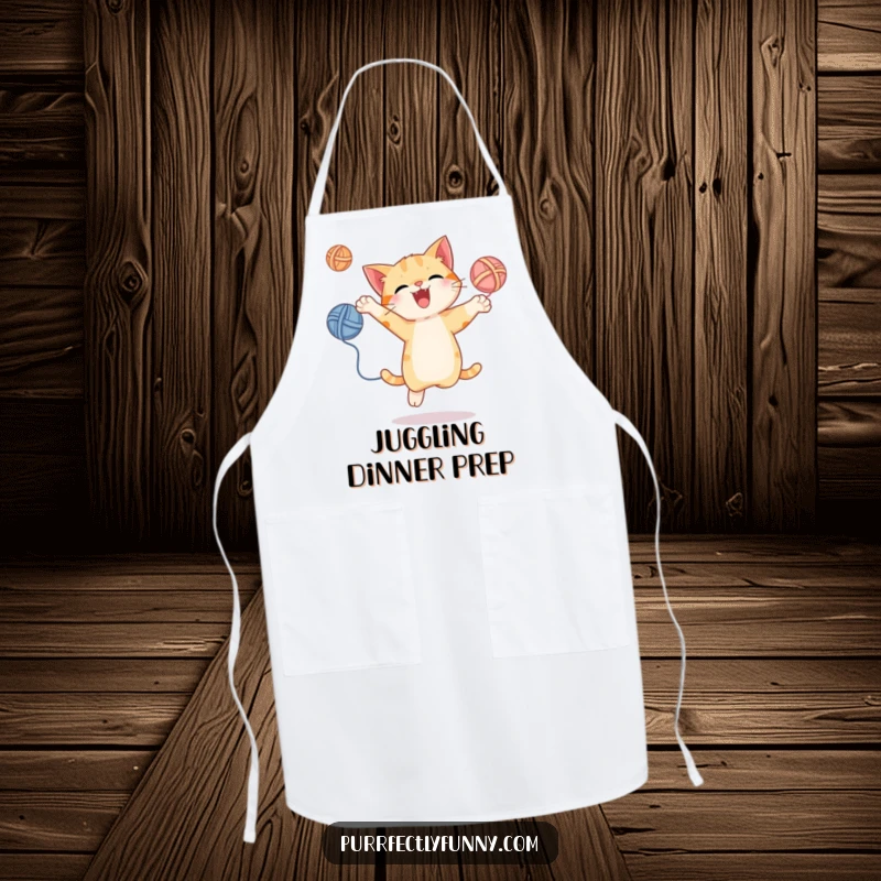 Funny apron with a cat energetically juggling yarn balls, perfect for adding humor and playfulness to your kitchen adventures.