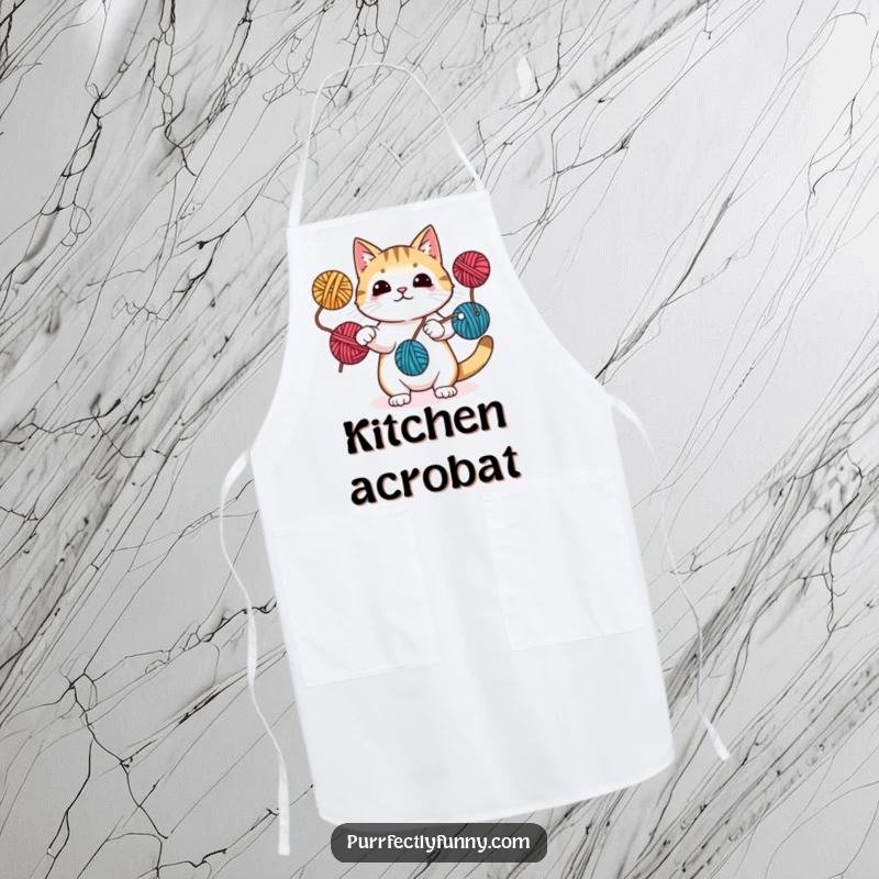 Funny apron featuring a cat juggling yarn balls with paws and tail, perfect for adding a humorous and skillful touch to cooking.