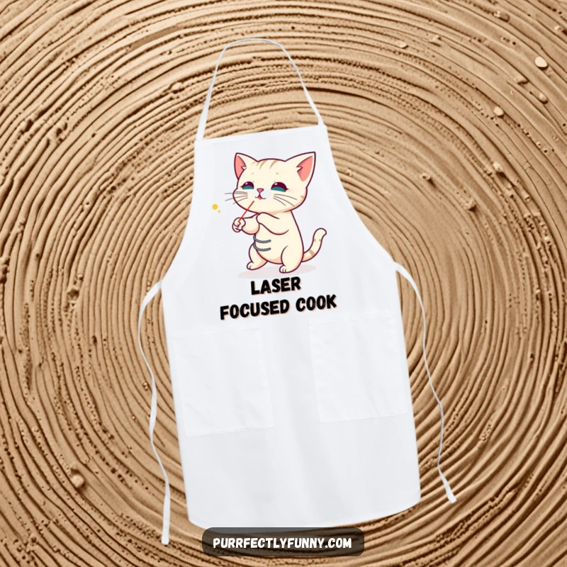 Funny apron showing a cat coiled like a spring, playfully chasing a laser pointer dot, adding humor and focus to kitchen tasks.