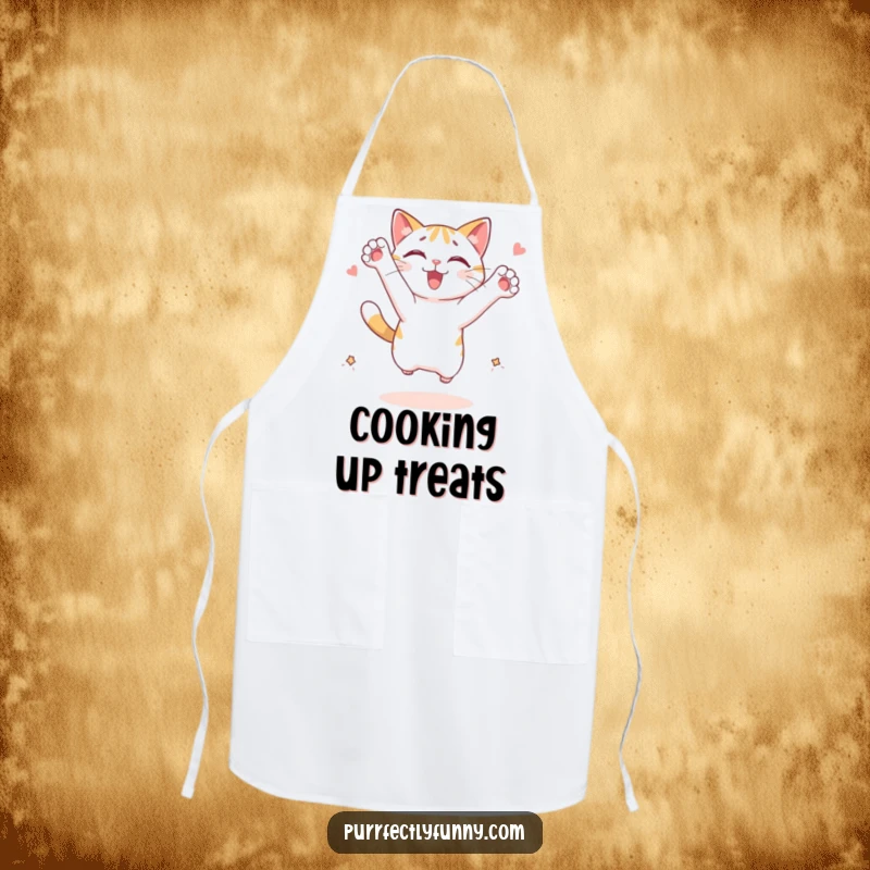Funny cat apron: a cat character leaping with paws outstretched, chasing an imagined treat while cooking, looking excited.