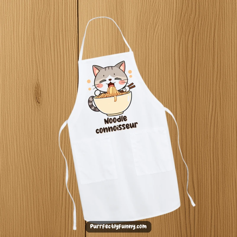 Funny apron depicting a cat with sheer delight, enthusiastically slurping a huge bowl of noodles, great for kitchens.