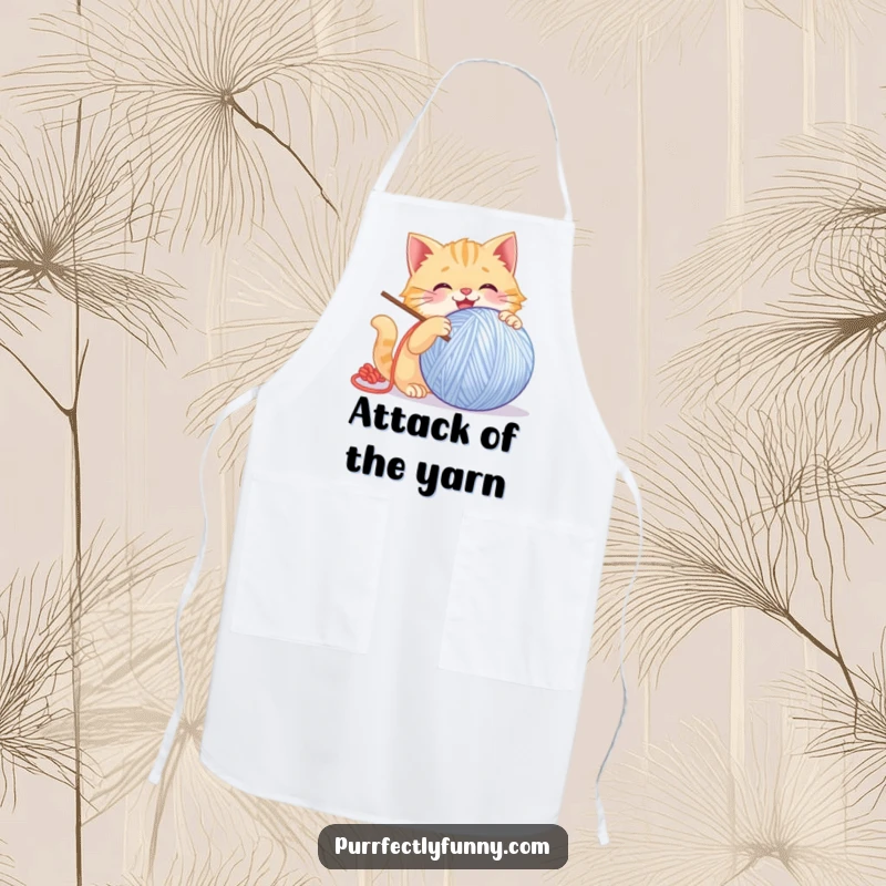 Funny Cat Apron: A humorous cooking apron featuring a cat batting a giant, smiling ball of yarn with glee.