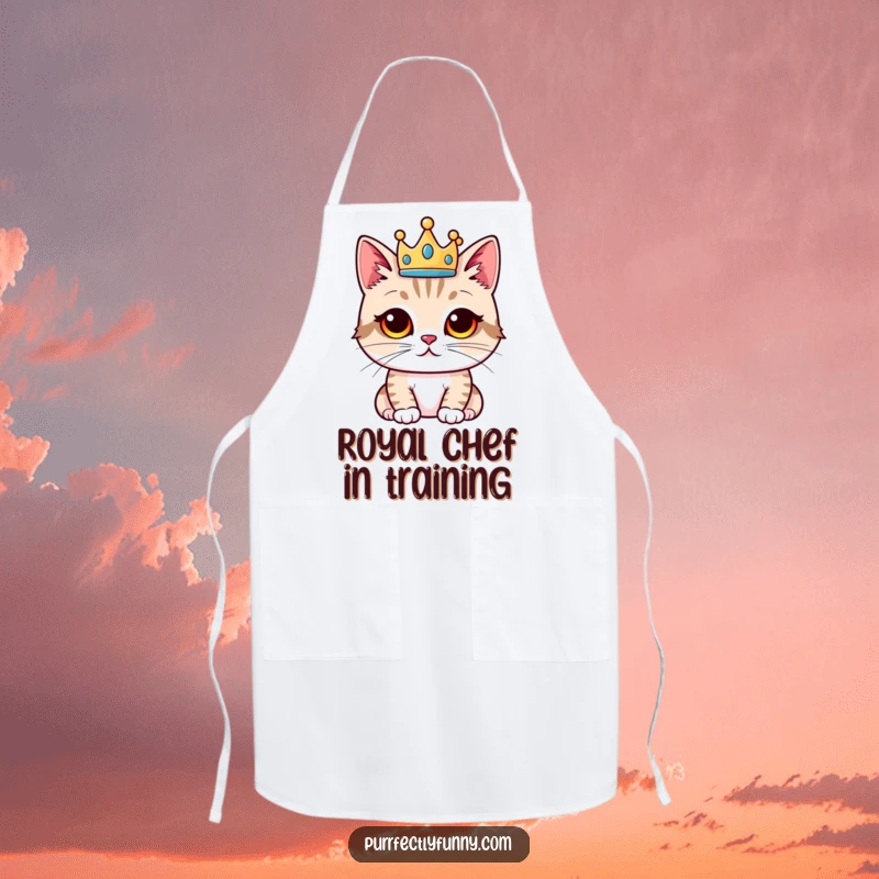 Funny cat apron, proud cat wearing a crown, humorous kitchen wear for regal chefs, a great funny gift.