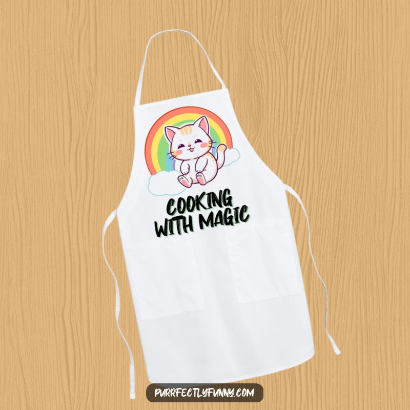 Funny cat with a happy expression, sliding down a rainbow, adding a whimsical and magical touch to this apron.