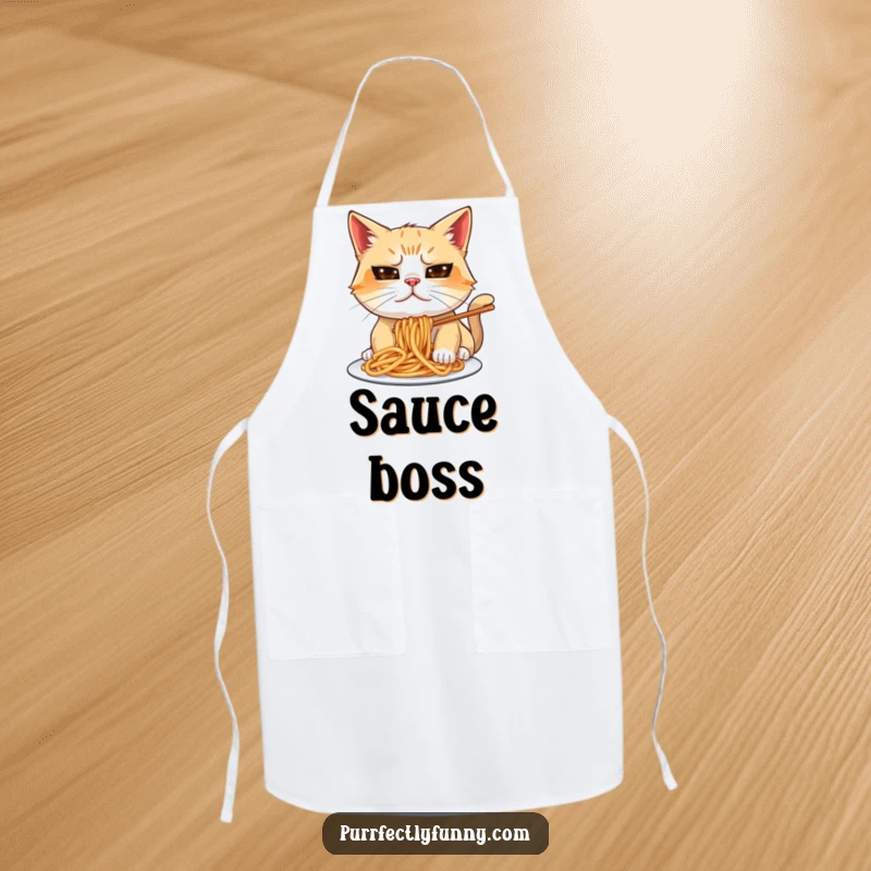 Funny cat with a goofy expression trying to eat spaghetti, pasta flying, on a functional and humorous funny apron.