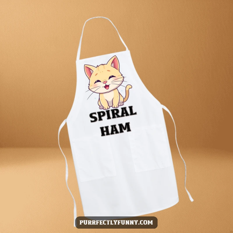 Funny apron showcasing a cheerful cat, its whiskers uniquely styled into happy, playful spirals, making kitchen tasks more enjoyable.