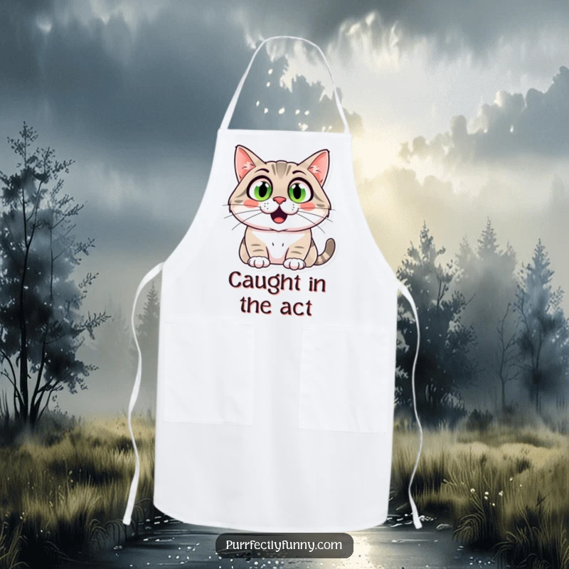 Funny cat with wide, shocked eyes and a comical grin, on a functional and humorous funny apron.