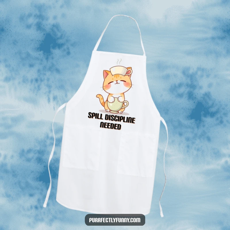 Funny apron depicting a cat in a funny, precarious pose, failing to balance a teacup on its head, great for kitchens.