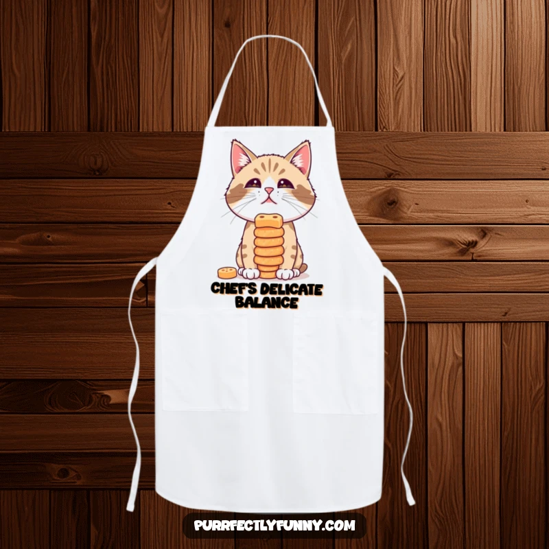 Funny apron showcasing a cat attempting to balance a stack of treats on its nose, making cooking a humorous challenge.