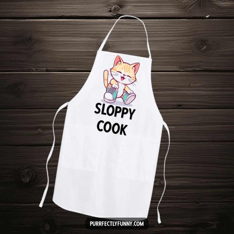 Funny cat wearing oversized shoes and tripping playfully on a functional and humorous funny apron.